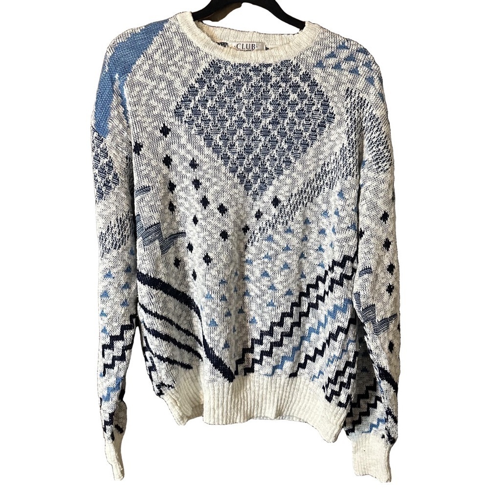 Vintage Club International White Blue Geometric Knit Crew Neck Sweater Sz L